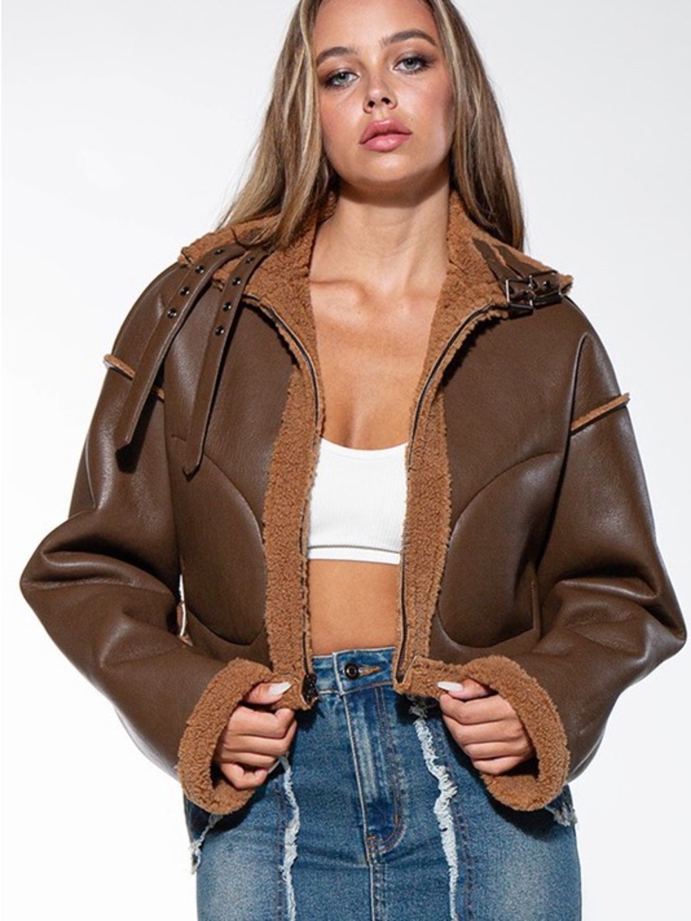 Reversible Brown Faux-Shearling Cropped Jacket - Women LT60200B